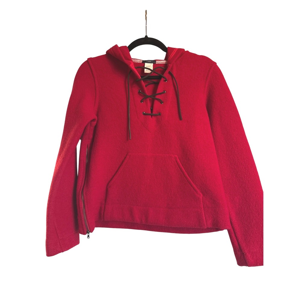 J. Crew Red 100% Virgin Wool Hoodie Lace Up Front Kangaroo‎ Pocket Kids Size L